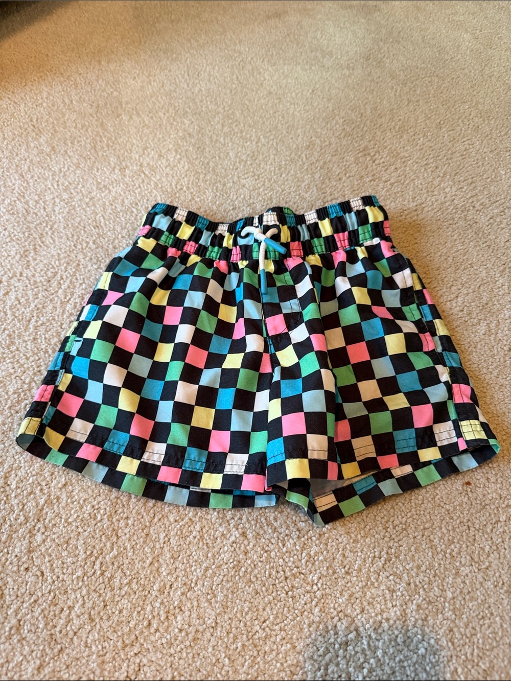 art class Black Checkerboard Kids Swim Trunks with Neon Squares
